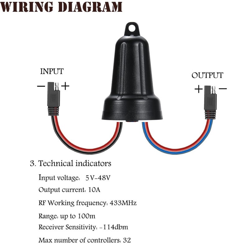 YETOR Waterproof Remote Switch 12V,Mini Wireless Switch 5V/12V/48V/10A Relay with SAE Plug,with 328FT Long Range for Agricultural Sprayers,Spray Pumps,LED Light,Fan. - Image 4